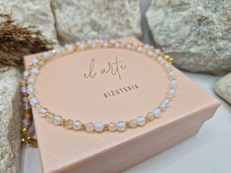 Naszyjnik z naturalnego cytrynu, opalu i kryształków ze srebrem pozłacanym