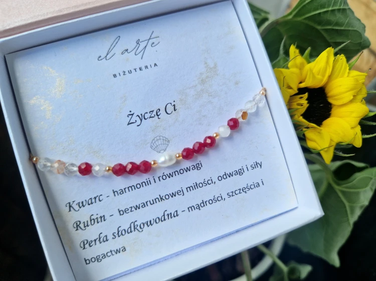 Bransoletka Życzę Ci z kamieni naturalnych rubinu, kwarcu i perły słodkowodnej